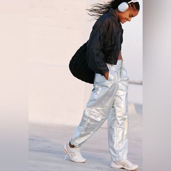 NWOT Free People Mesmerize Me Shine Pants Silver Shiny Low Rise Cargo Metallic - Picture 16 of 16